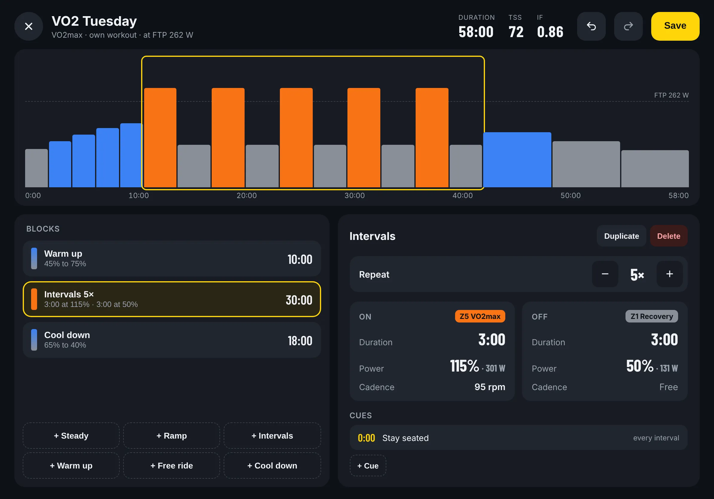 The workout builder with blocks and a live graph